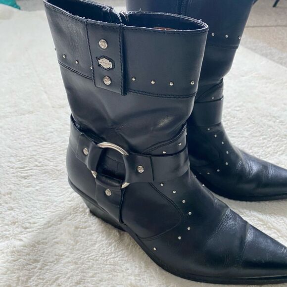 Vintage Y2K Harley Davidson Black Leather Studded Pointed Ankle Boots - Picture 3 of 8